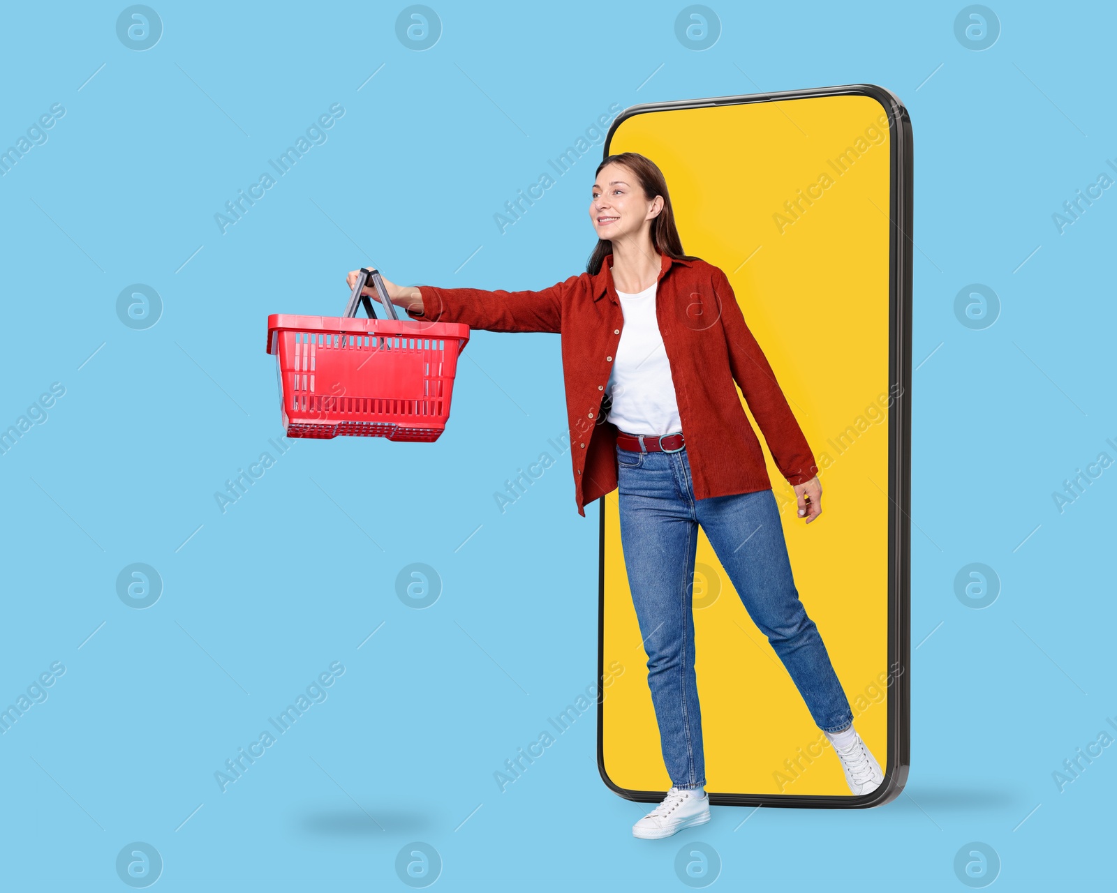 Woman with shopping basket walking out of mobile phone against light blue background. Online ordering Image of Woman with shopping basket walking out of mobile phone against light blue background. Online ordering