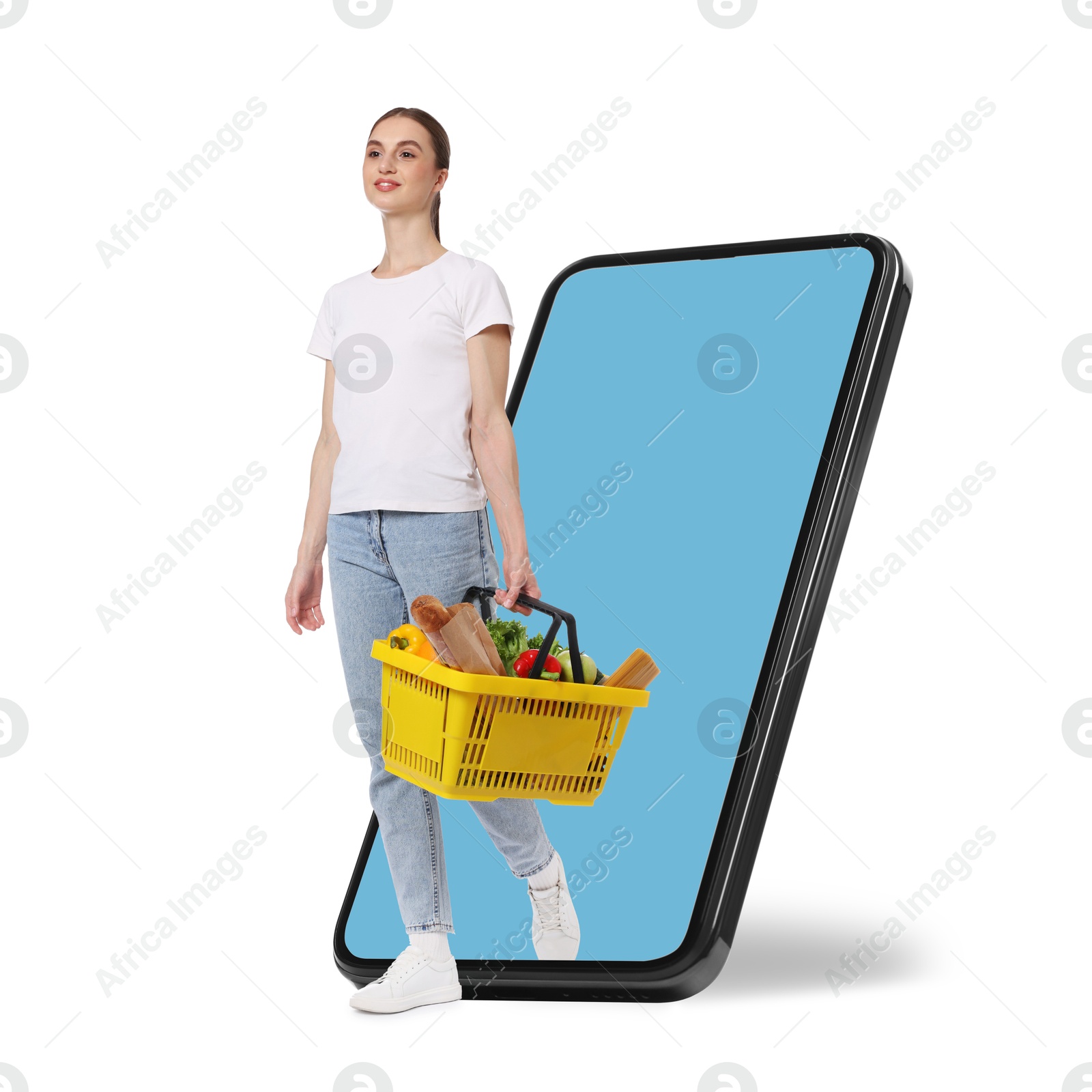 Woman with shopping basket full of products walking out of mobile phone against white background. Online ordering Image of Woman with shopping basket full of products walking out of mobile phone against white background. Online ordering