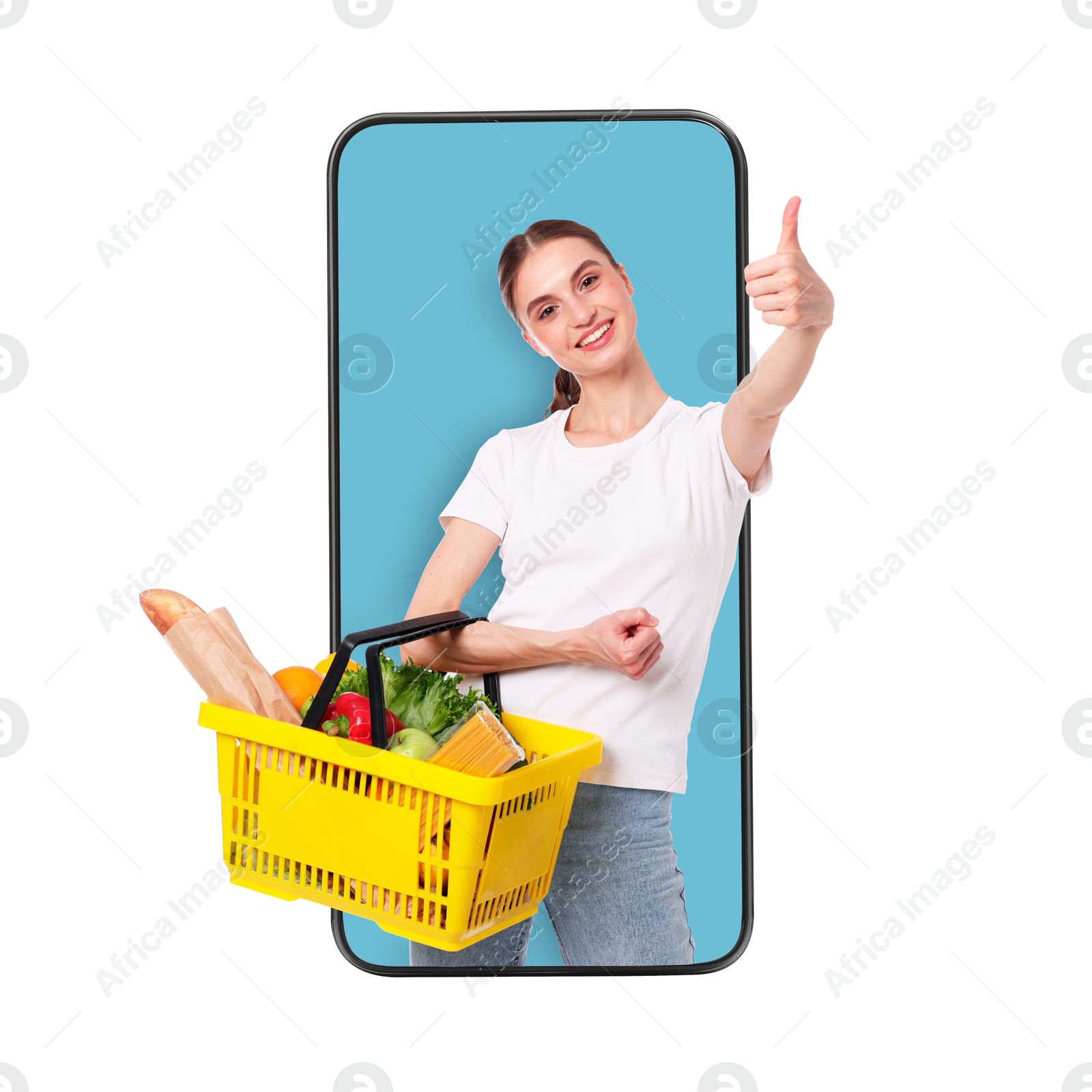 Online ordering. Woman with shopping basket full of products showing thumbs-up out of mobile phone against white background Image of Online ordering. Woman with shopping basket full of products showing thumbs-up out of mobile phone against white background