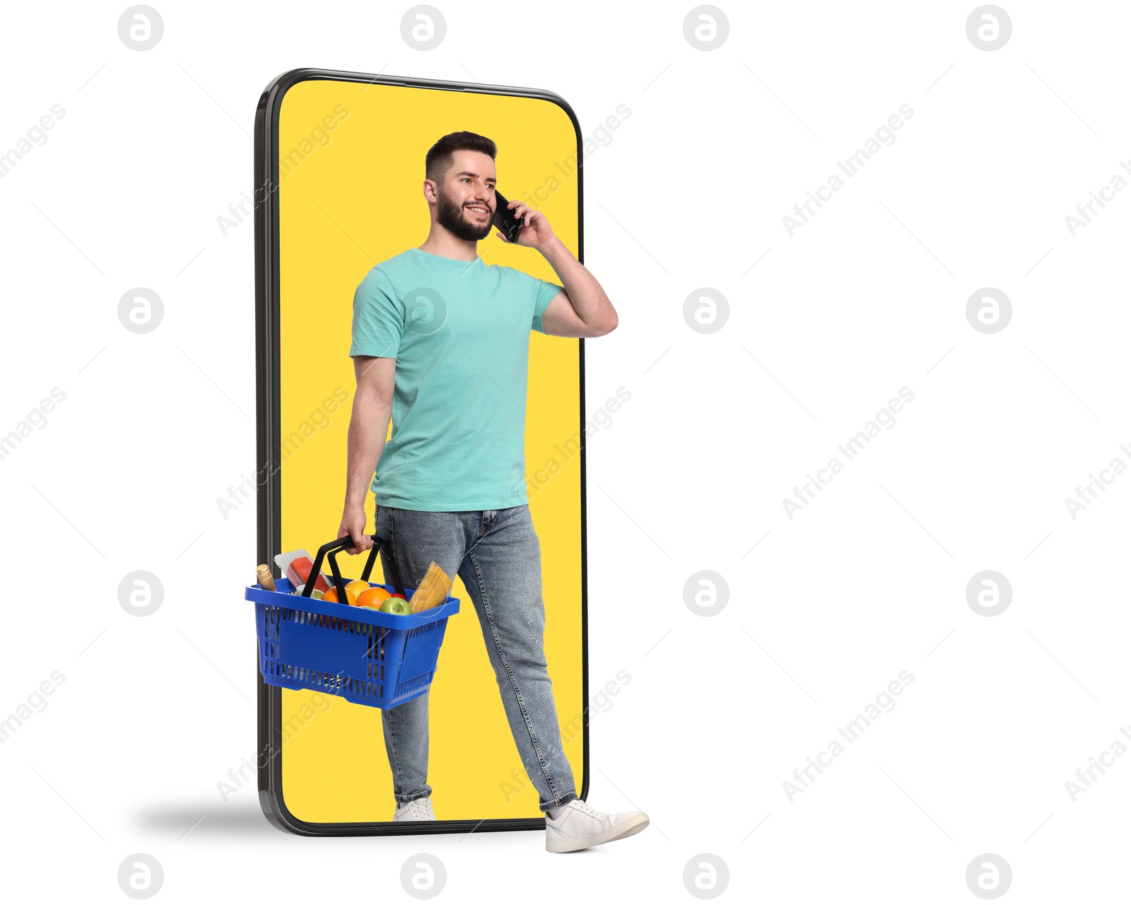 Man with shopping basket full of products walking out of mobile phone against white background. Online ordering Image of Man with shopping basket full of products walking out of mobile phone against white background. Online ordering