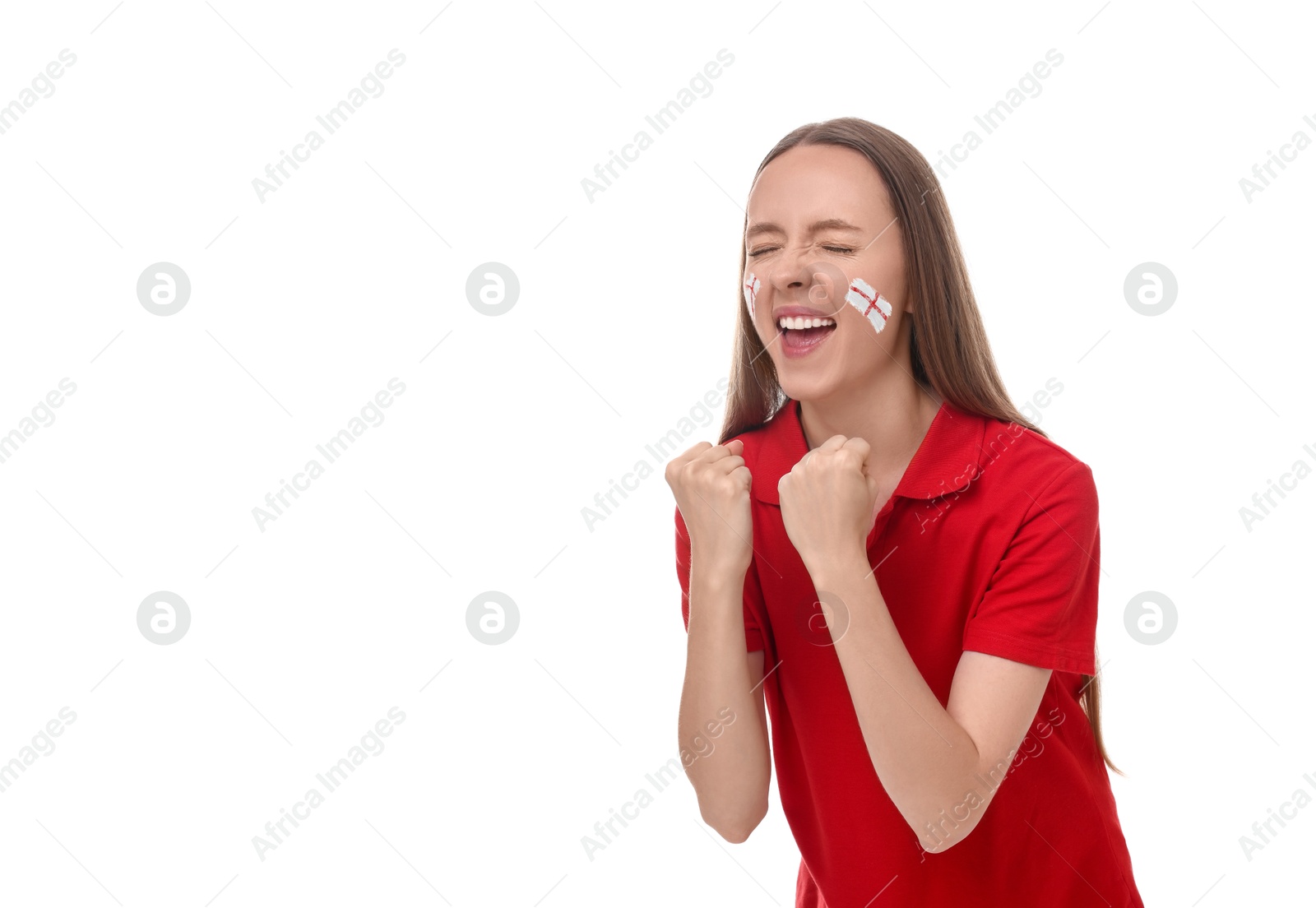 Excited fan with flags of England painted on her face against white background. Space for text Image of Excited fan with flags of England painted on her face against white background. Space for text
