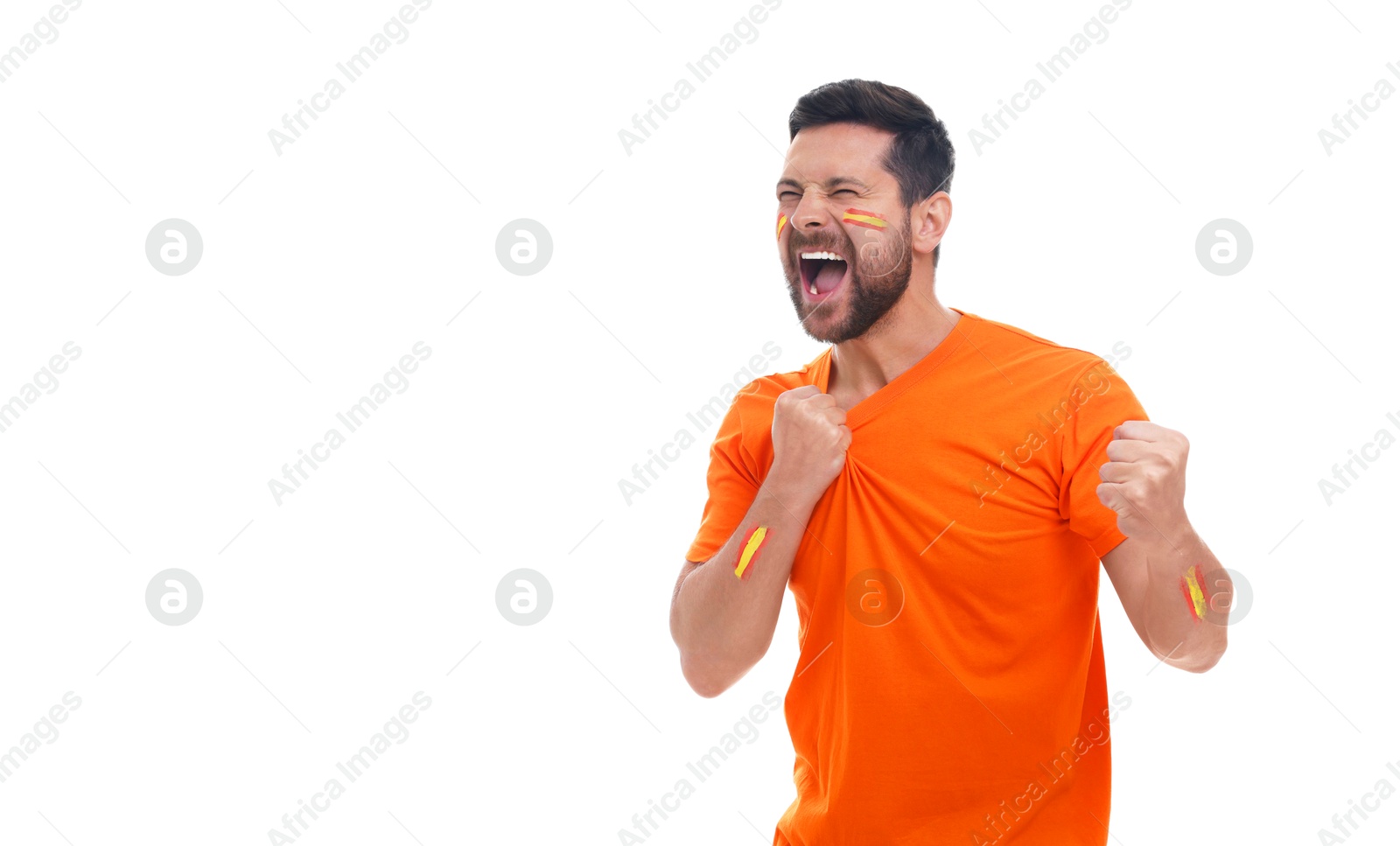 Excited fan with colors matching Spain flag painted on his face and arms against white background. Banner design with space for text Image of Excited fan with colors matching Spain flag painted on his face and arms against white background. Banner design with space for text