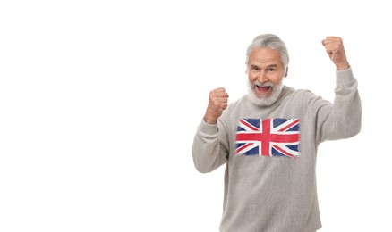 Image of Excited fan with flag of United Kingdom on his sweater against white background. Banner design with space for text