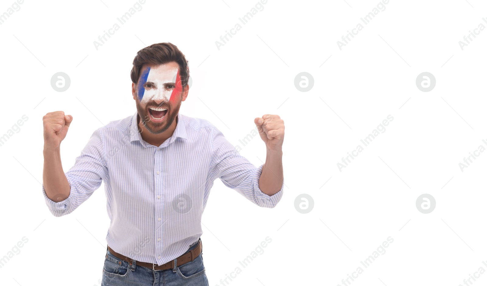 Excited fan with flag of France painted on his face against white background. Banner design with space for text Image of Excited fan with flag of France painted on his face against white background. Banner design with space for text
