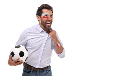 Image of Excited fan with flags of Poland painted on his body holding soccer ball against white background. Space for text