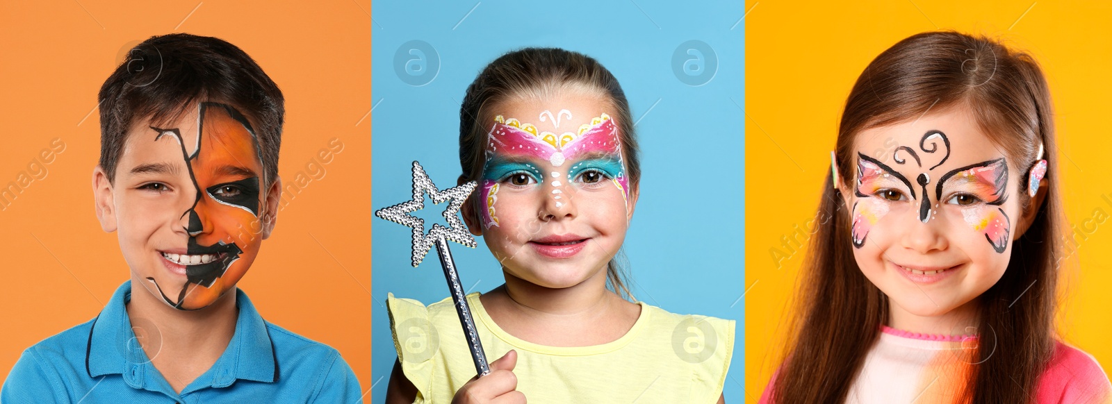 Cute children with face paintings on color backgrounds, collage of photos Image of Cute children with face paintings on color backgrounds, collage of photos