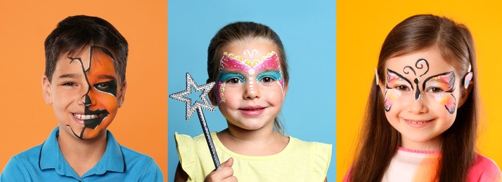Image of Cute children with face paintings on color backgrounds, collage of photos