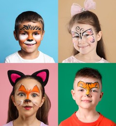 Image of Cute children with face paintings on color backgrounds, collage of photos