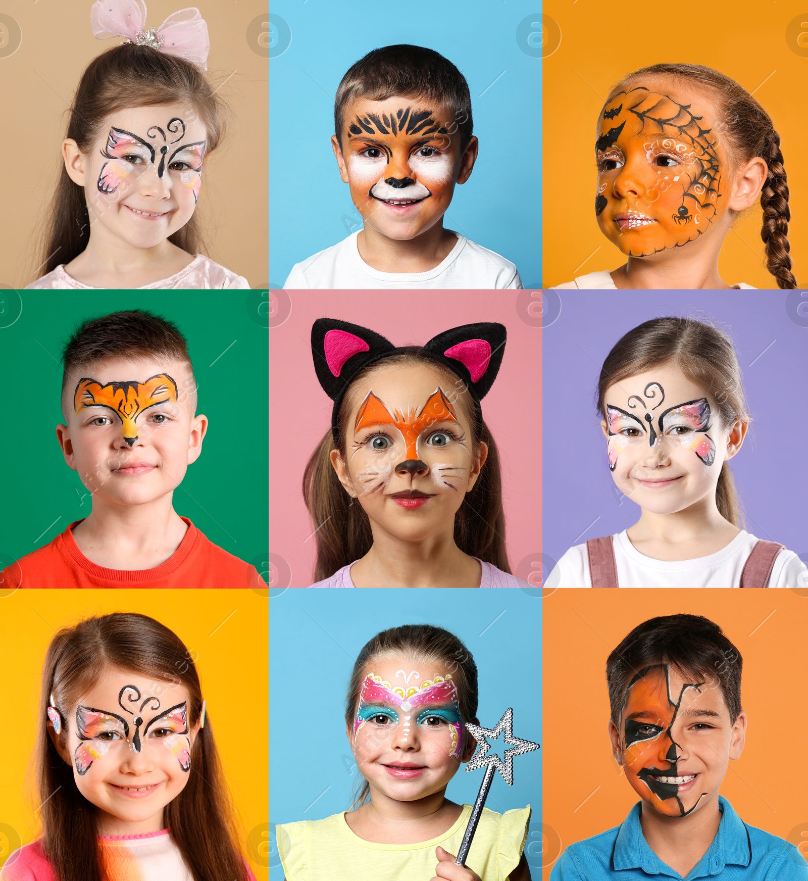 Cute children with face paintings on color backgrounds, collage of photos Image of Cute children with face paintings on color backgrounds, collage of photos