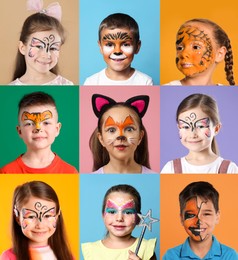 Image of Cute children with face paintings on color backgrounds, collage of photos