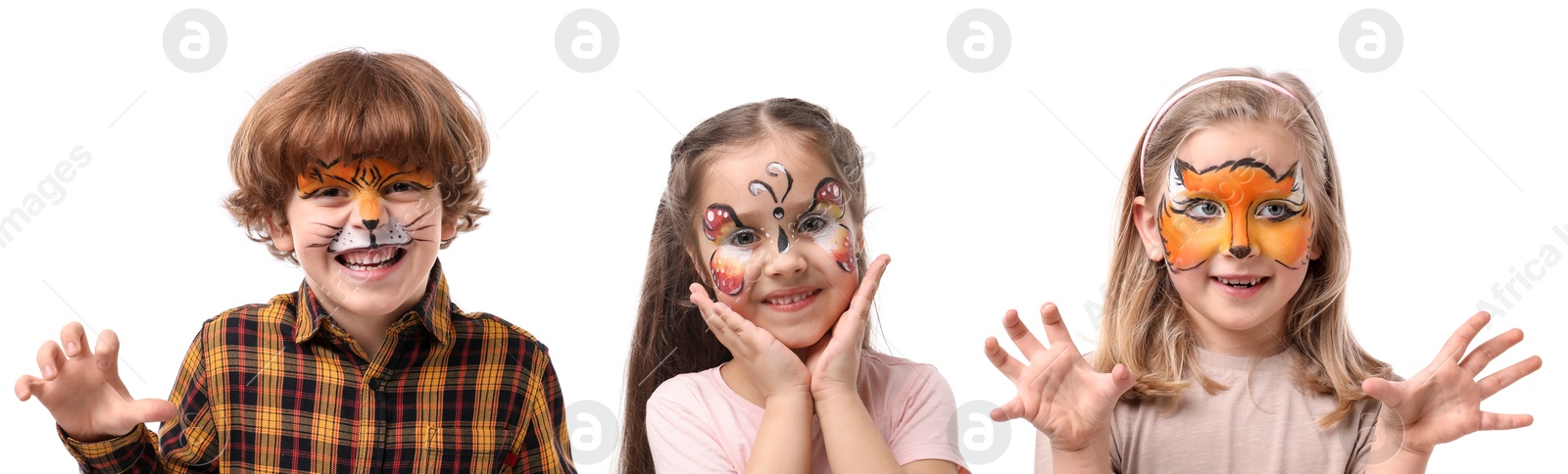 Cute children with face paintings on white background Image of Cute children with face paintings on white background
