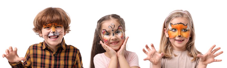 Image of Cute children with face paintings on white background