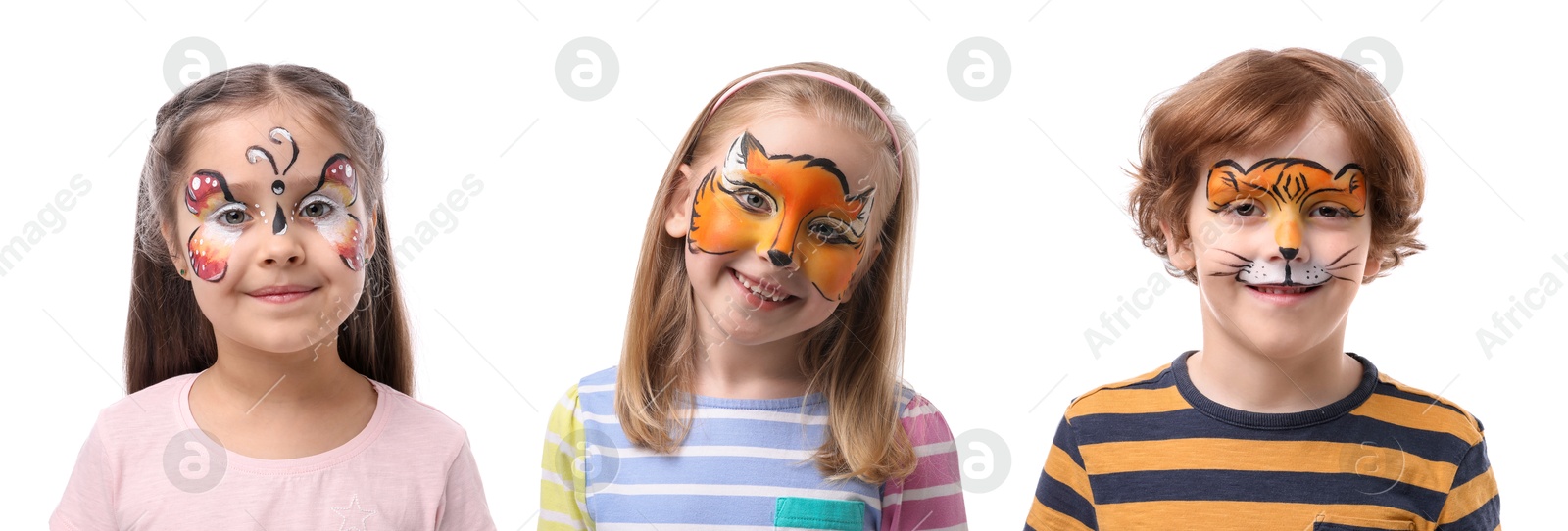 Cute children with face paintings on white background Image of Cute children with face paintings on white background