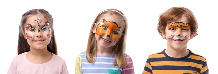 Image of Cute children with face paintings on white background
