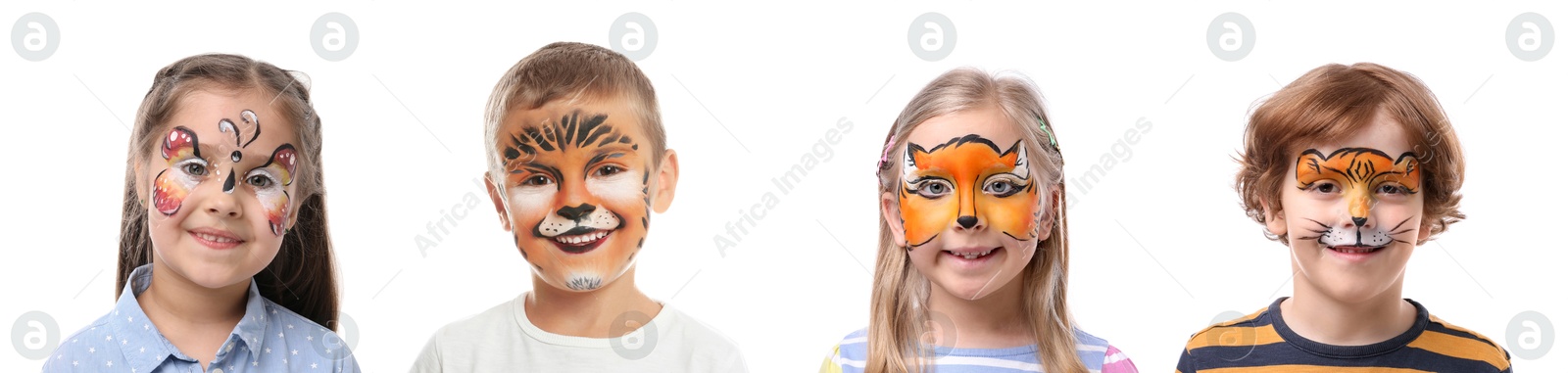 Cute children with face paintings on white background Image of Cute children with face paintings on white background