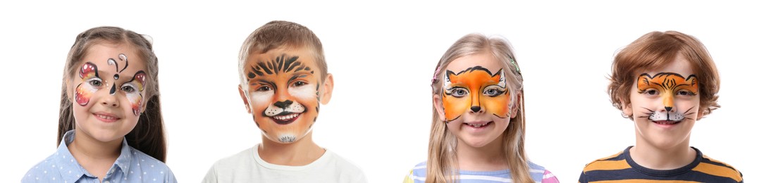Image of Cute children with face paintings on white background