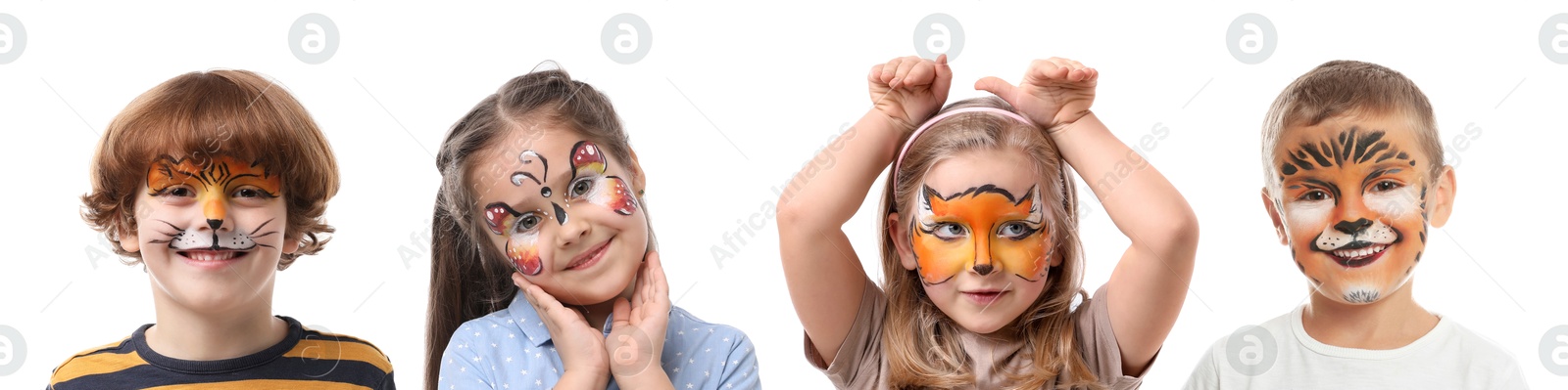 Cute children with face paintings on white background Image of Cute children with face paintings on white background