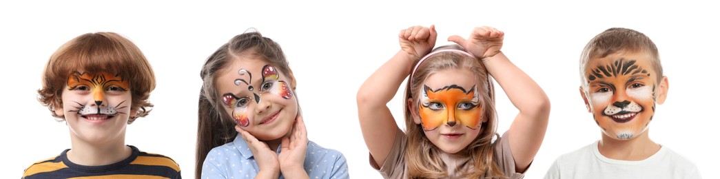 Image of Cute children with face paintings on white background