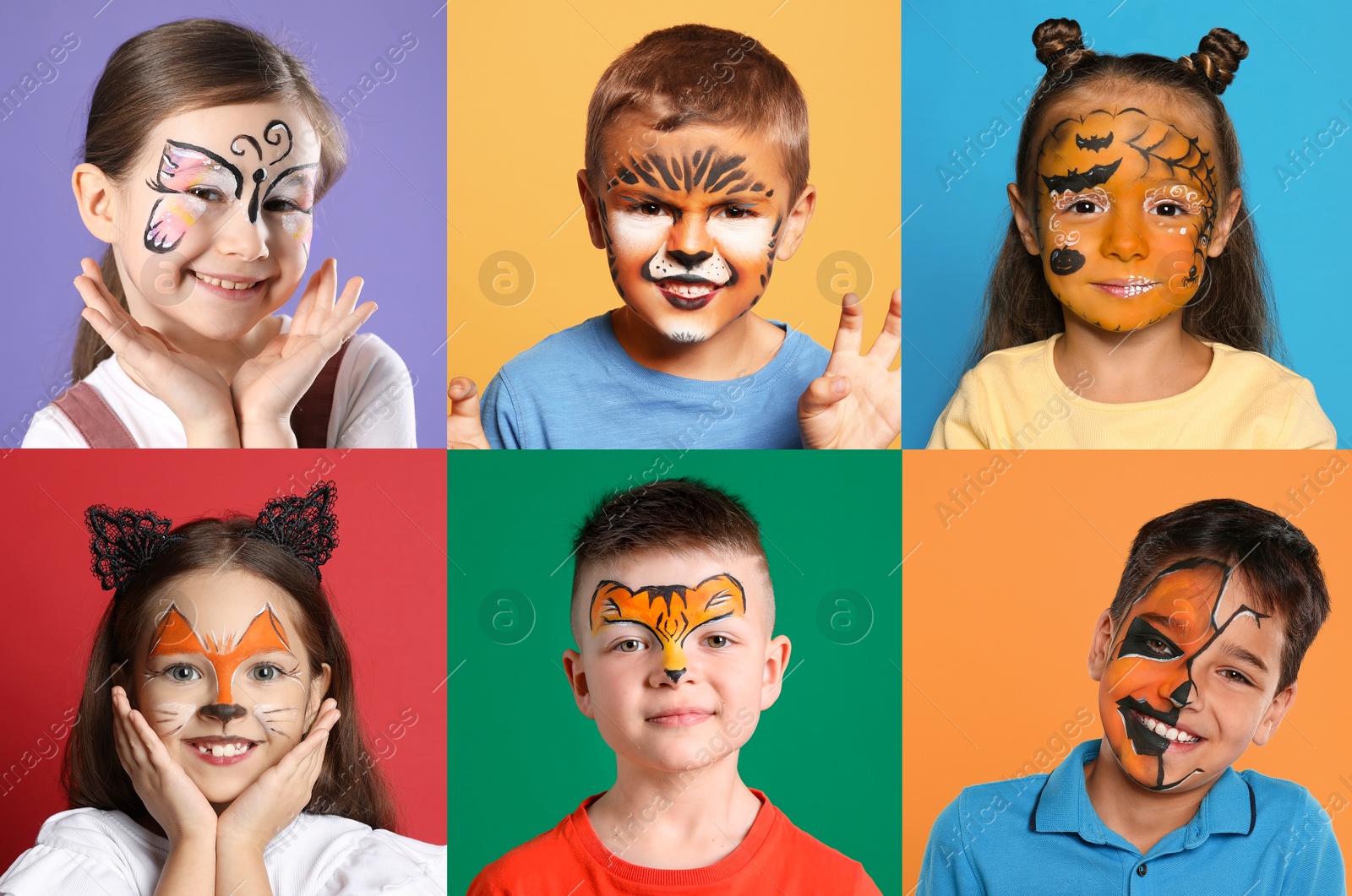 Cute children with face paintings on color backgrounds, collage of photos Image of Cute children with face paintings on color backgrounds, collage of photos