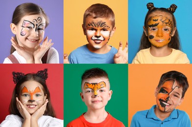 Image of Cute children with face paintings on color backgrounds, collage of photos