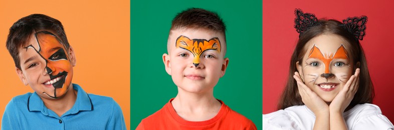 Image of Cute children with face paintings on color backgrounds, collage of photos
