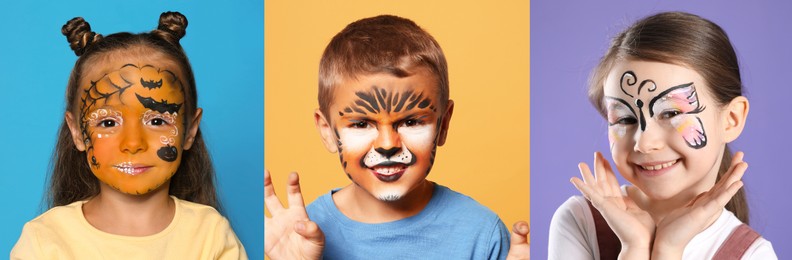 Image of Cute children with face paintings on color backgrounds, collage of photos