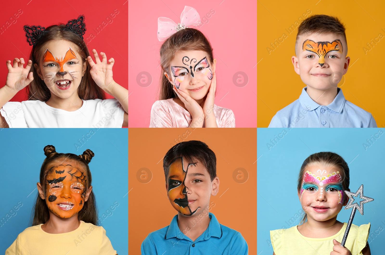 Cute children with face paintings on color backgrounds, collage of photos Image of Cute children with face paintings on color backgrounds, collage of photos