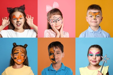 Image of Cute children with face paintings on color backgrounds, collage of photos