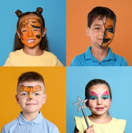 Image of Cute children with face paintings on color backgrounds, collage of photos
