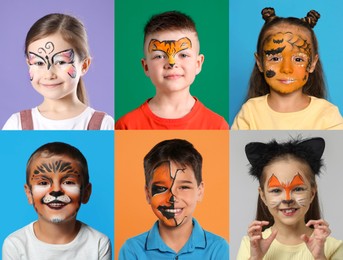 Image of Cute children with face paintings on color backgrounds, collage of photos