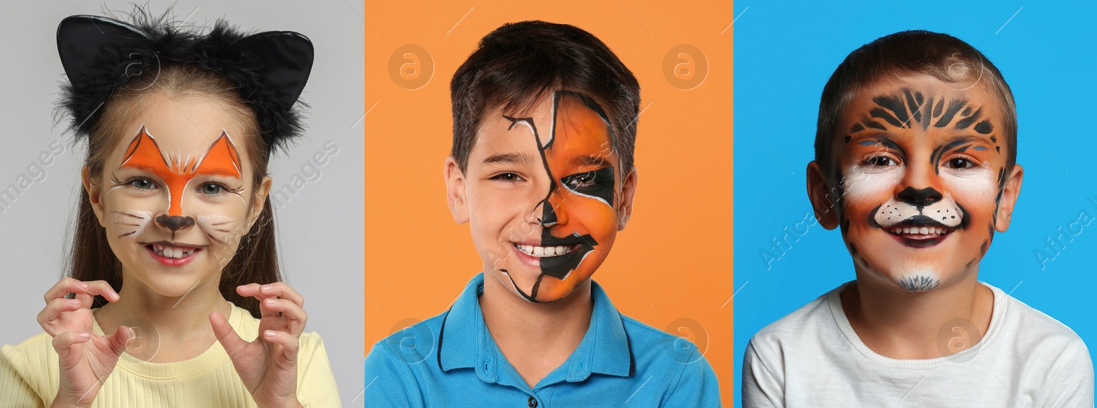 Cute children with face paintings on color backgrounds, collage of photos Image of Cute children with face paintings on color backgrounds, collage of photos