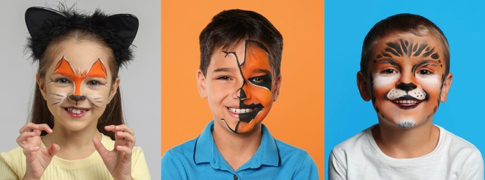 Image of Cute children with face paintings on color backgrounds, collage of photos