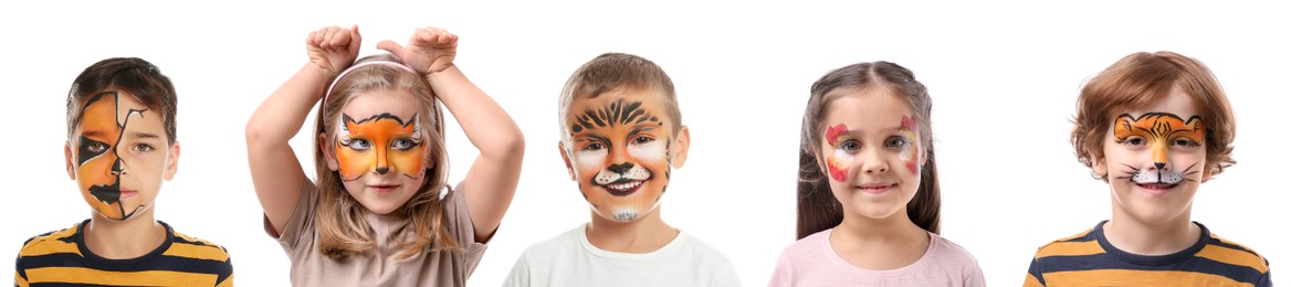 Image of Cute children with face paintings on white background