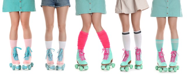 Image of Women in retro roller skates on white background, closeup. Collage