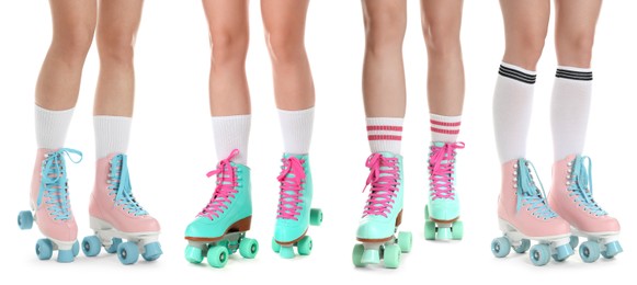 Image of Women in retro roller skates on white background, closeup. Collage