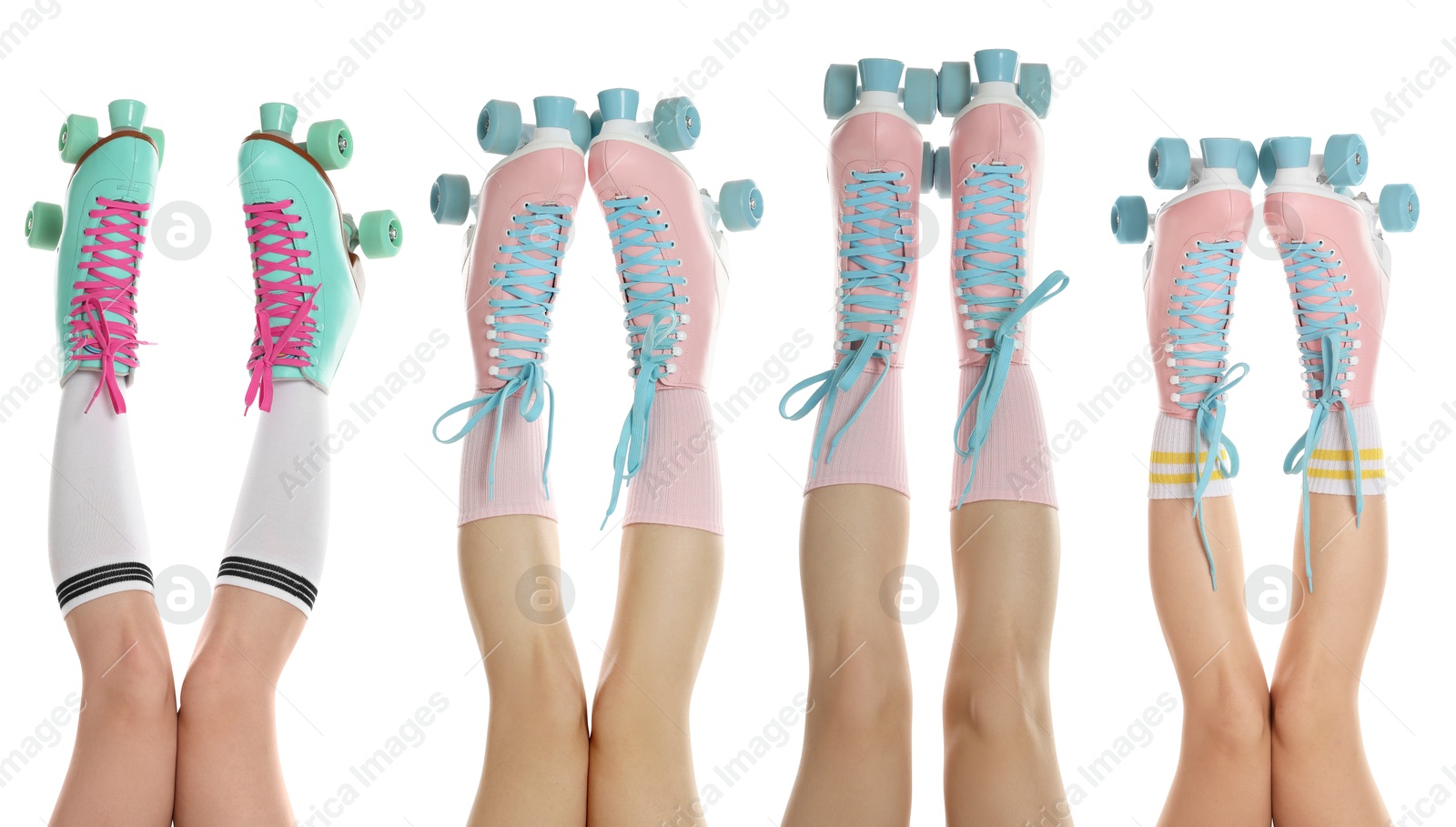 Image of Women in retro roller skates on white background, closeup. Collage