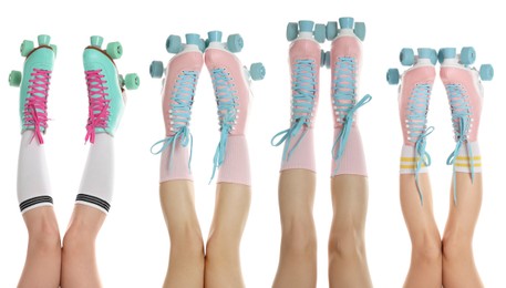 Image of Women in retro roller skates on white background, closeup. Collage