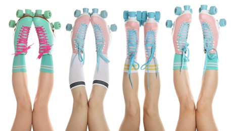 Image of Women in retro roller skates on white background, closeup. Collage