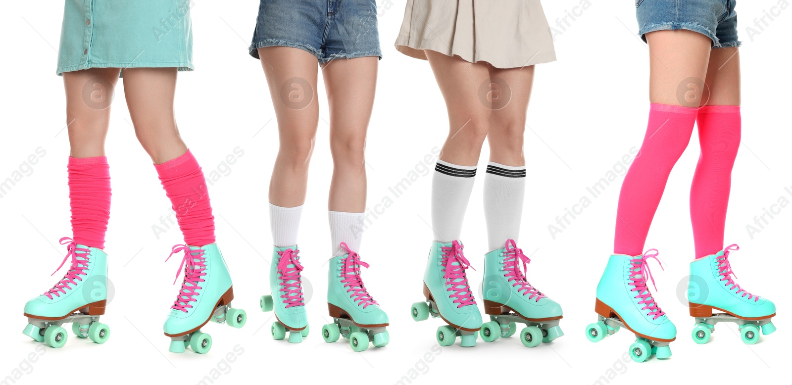 Image of Women in retro roller skates on white background, closeup. Collage