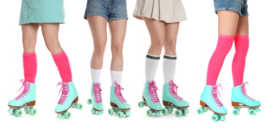 Image of Women in retro roller skates on white background, closeup. Collage