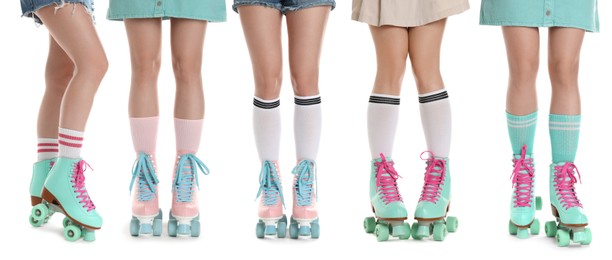 Image of Women in retro roller skates on white background, closeup. Collage