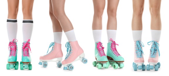 Image of Women in retro roller skates on white background, closeup. Collage