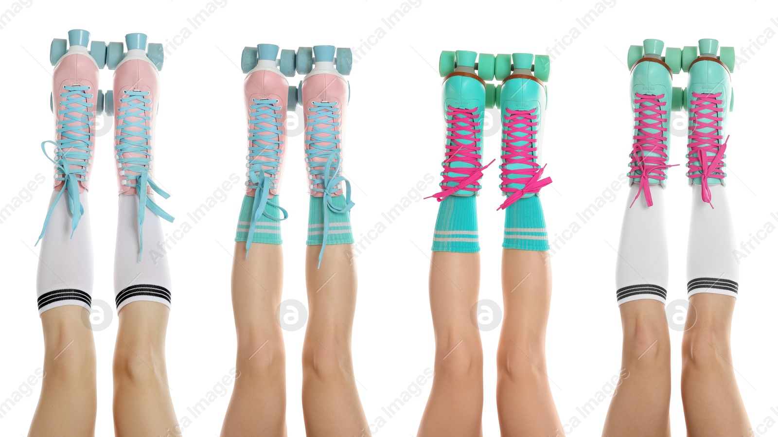 Image of Women in retro roller skates on white background, closeup. Collage