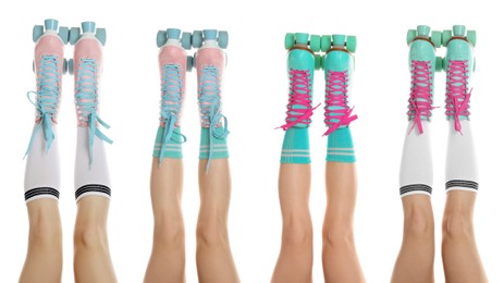 Image of Women in retro roller skates on white background, closeup. Collage