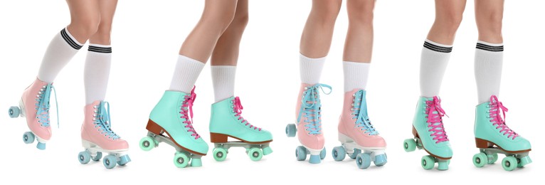 Image of Women in retro roller skates on white background, closeup. Collage