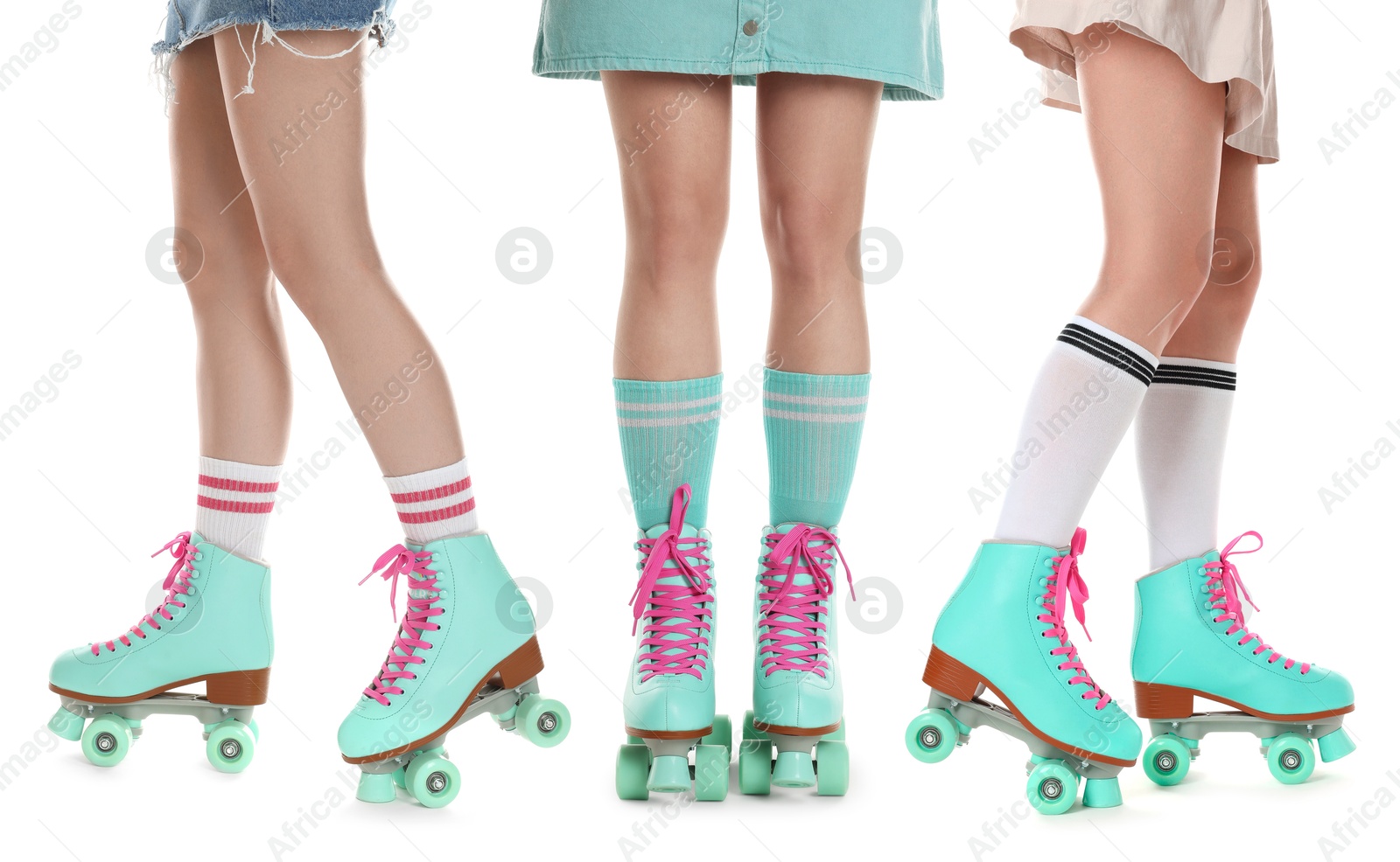 Women in retro roller skates on white background, closeup. Collage Image of Women in retro roller skates on white background, closeup. Collage