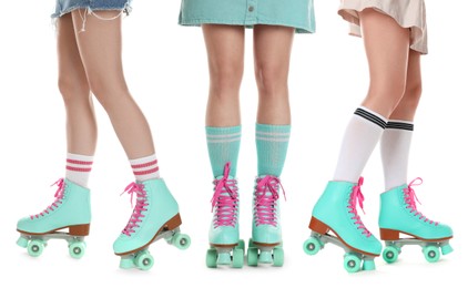 Image of Women in retro roller skates on white background, closeup. Collage