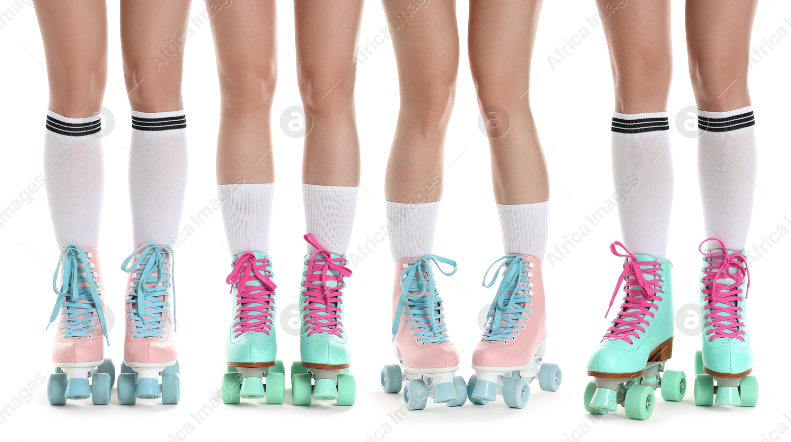 Image of Women in retro roller skates on white background, closeup. Collage