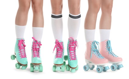 Image of Women in retro roller skates on white background, closeup. Collage