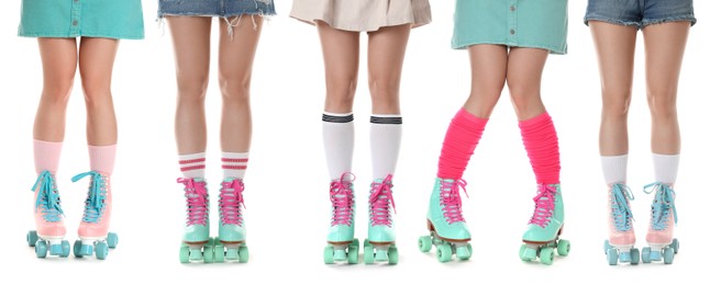 Image of Women in retro roller skates on white background, closeup. Collage